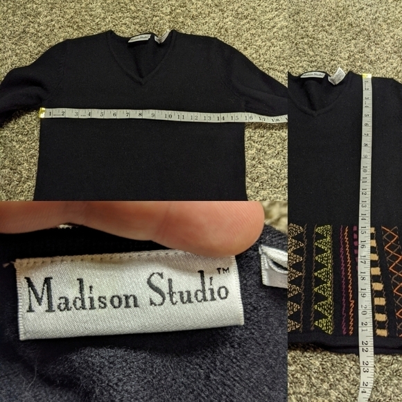 ✨3/$15 Vintage Madison Studio black embroidered wool sweater SP - Picture 5 of 7